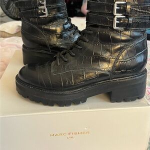 Marc Fisher Black Croc-Embossed Leather Combat Boots